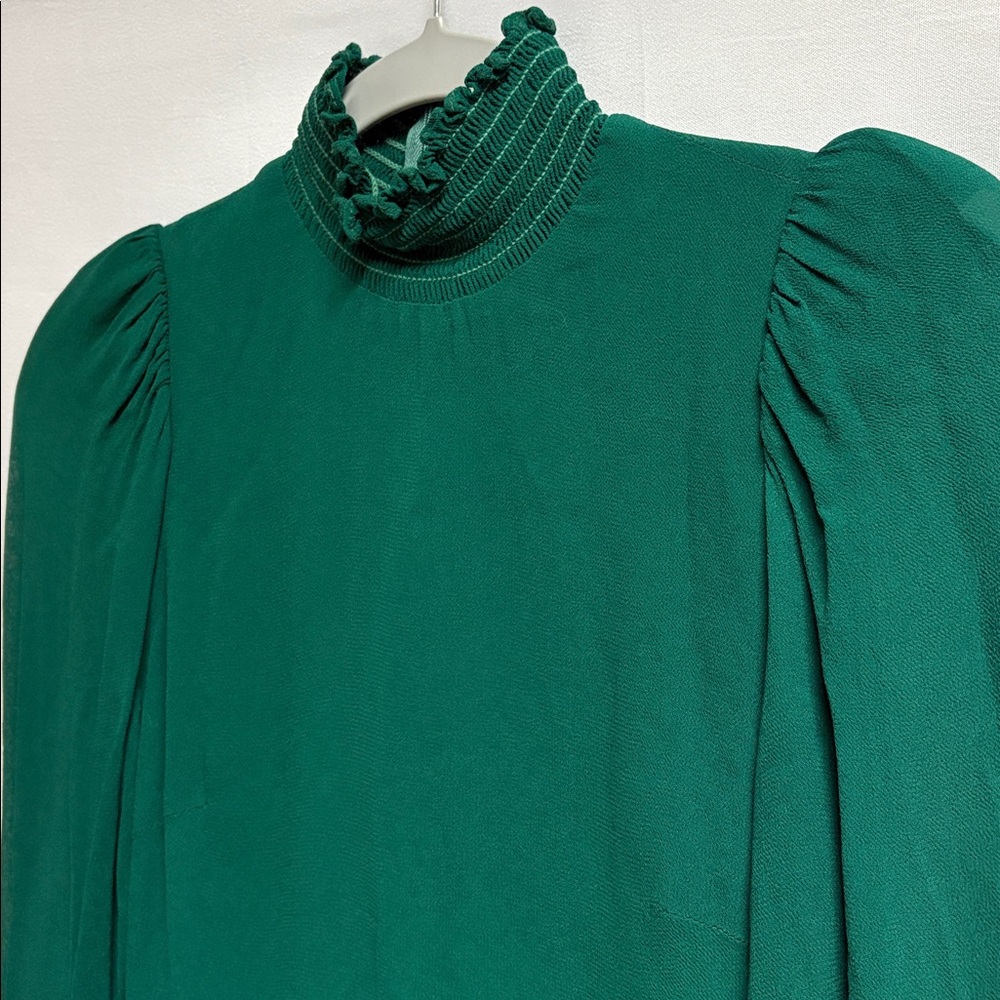 Reformation Archie Shirred Long Sleeve Mini Dress Emerald Green Size 0 - Picture 5 of 7